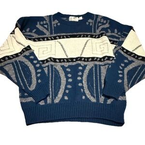 VTG 90s London Fog Crew Sweater Men XL Blue Geometric Stripe Soft Wool USA